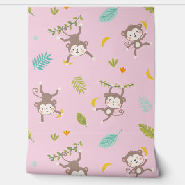 Niedliche kleine Affen mit Bananen und Blättern ro Tapete