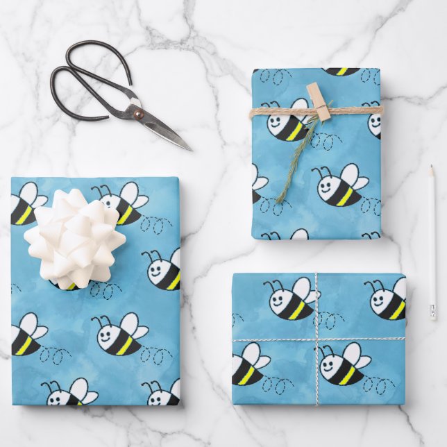 Niedliche Kleine Bienenmuster Wasserfarben Babydus Geschenkpapier Set (Vorderseite)
