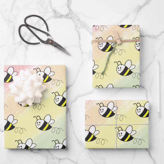 Niedliche Kleine Bienenmuster Wasserfarben Babydus Geschenkpapier Set (Vorderseite)