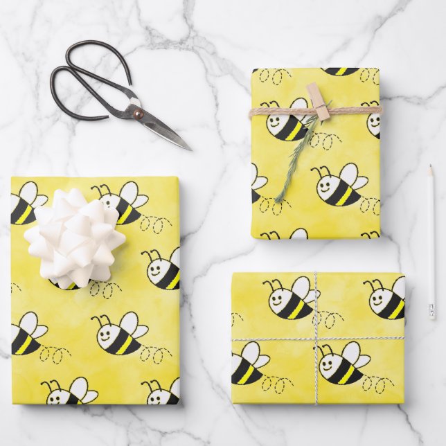 Niedliche Kleine Bienenmuster Wasserfarben Babydus Geschenkpapier Set (Vorderseite)