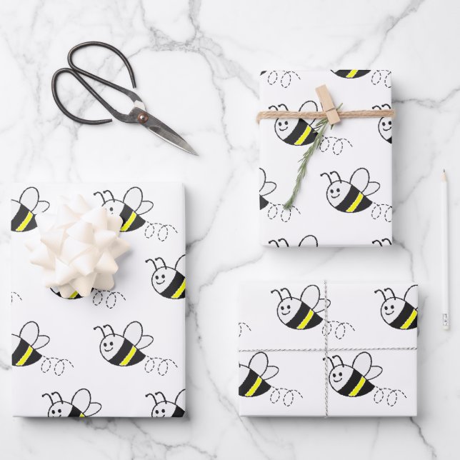 Niedliche Kleine Bienenmuster White Baby Dusche Geschenkpapier Set (Vorderseite)