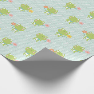 Niedliche kleine Frösche mit Blume auf Minzstreife Geschenkpapier