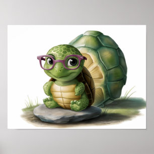 Niedliche kleine grüne Schildkröte mit Brille Poster