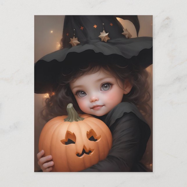 Niedliche Kleine Hexe mit ihrem Halloween Pumpkin Postkarte (Vorderseite)