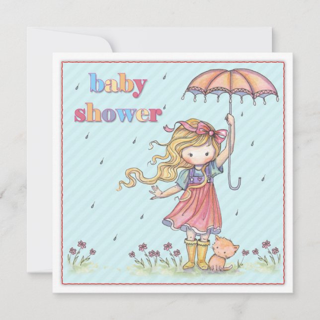 Niedliche Kleine Mädchen- und Kittendusche lädt ei Einladung (Vorderseite)