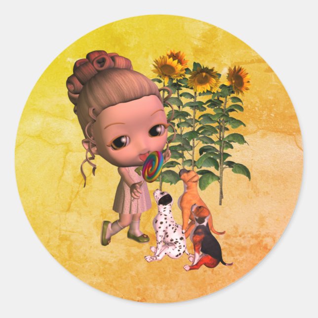 Niedliche kleine Mädchen und Welpen Runder Aufkleber (Vorderseite)
