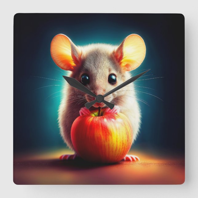 Niedliche kleine Maus mit glänzender Apfelküche Quadratische Wanduhr (Vorderseite)