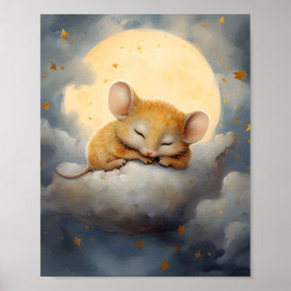 Niedliche kleine Maus schläft auf einer Wolke Poster