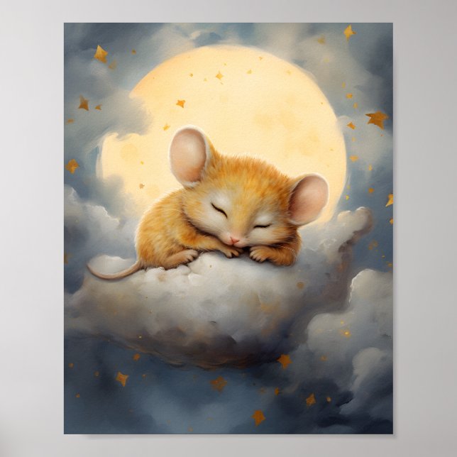 Niedliche kleine Maus schläft auf einer Wolke Poster (Vorne)