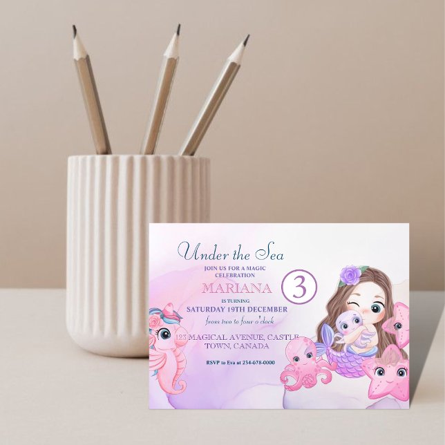 Niedliche kleine Meerjungfrau Lila und Rosa 3. Geb Einladung (Von Creator hochgeladen)