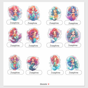Niedliche kleine Meerjungfrauen mit Kindernamen un Aufkleber