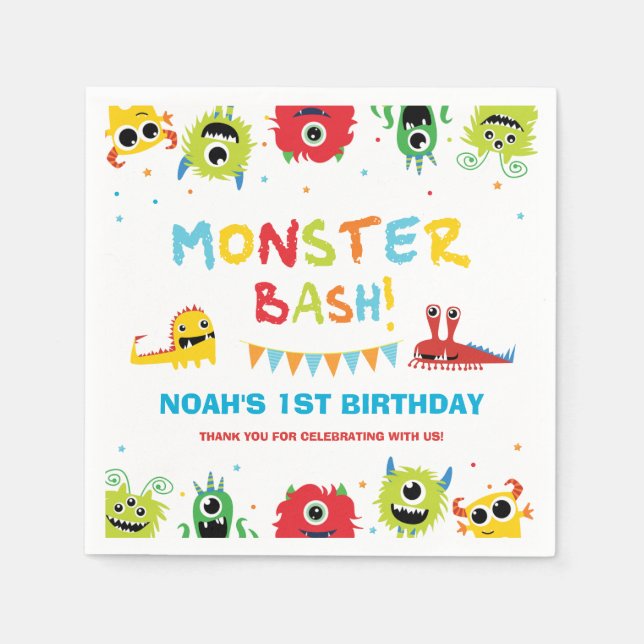 Niedliche kleine Monster Bash 1. Geburtstag Serviette (Vorderseite)