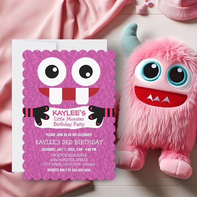 Niedliche Kleine Monster Geburtstagsparty Einladung (Cute little monster birthday party invitation front, with scalloped edge option, and envelope view,)