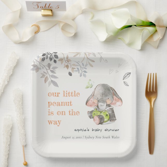 Niedliche kleine Peanut Elephant Foliage Babydusch Pappteller (Hochzeit)