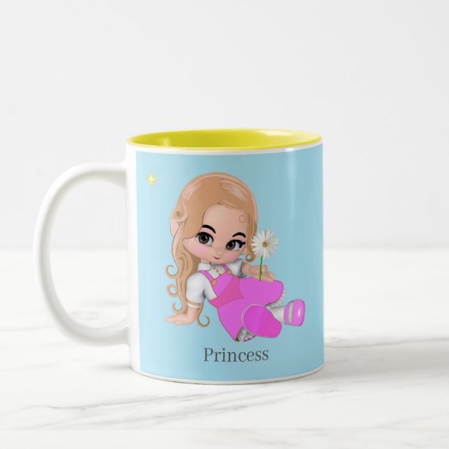 Niedliche kleine Prinzessin mit Blume auf Light Bl Zweifarbige Tasse (Links)