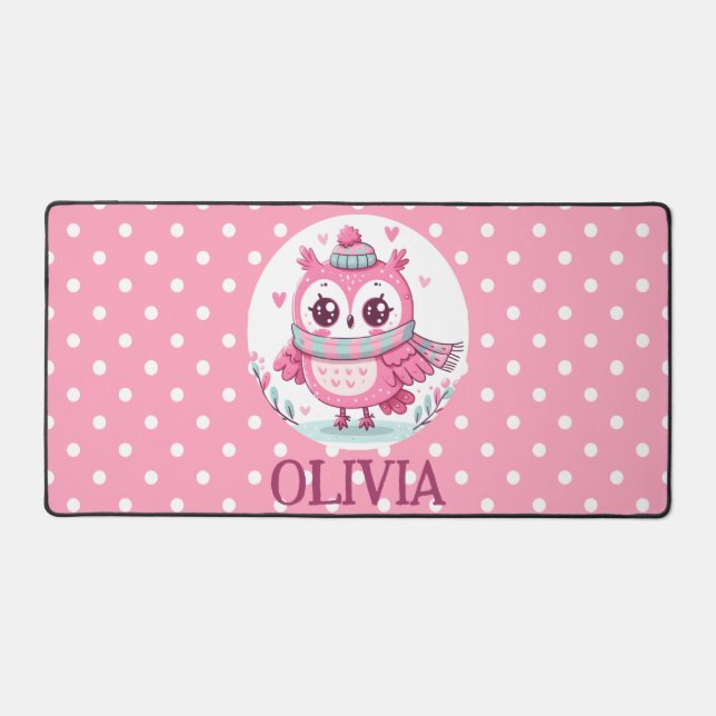 Niedliche kleine rosa Eule und Polka-Dosen Schreibtischunterlage (Vorderseite)