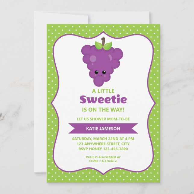 Niedliche kleine Sweetie Grape Baby Dusche Einladung (Vorderseite)