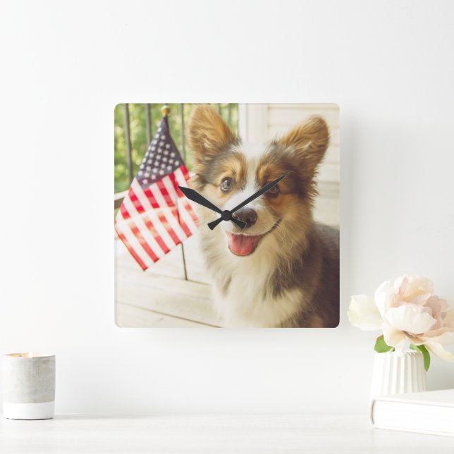 Niedliche Kleintiere | American Flag Corgi Quadratische Wanduhr (Zuhause)