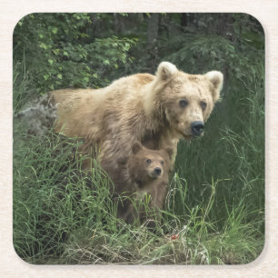 Niedliche Kleintiere   Bear Mama Bear & Ihre Cubs Rechteckiger Pappuntersetzer