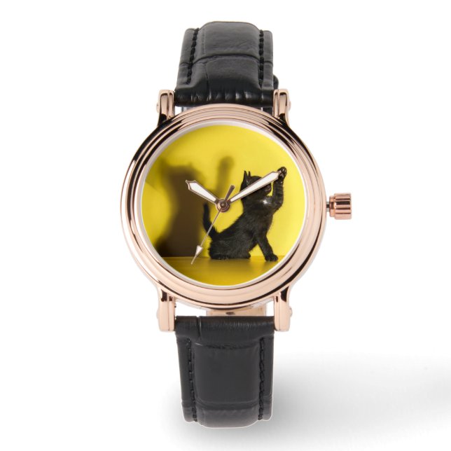 Niedliche Kleintiere | Black Cat Playing Armbanduhr (Vorderseite)