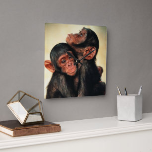 Niedliche Kleintiere   Chimpanzee Hug Quadratische Wanduhr