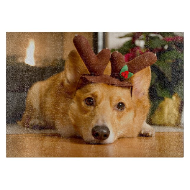 Niedliche Kleintiere | Corgi Christmas Reindeer Schneidebrett (Vorderseite)