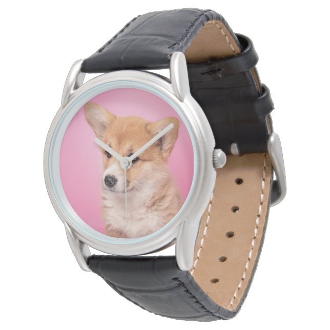 Niedliche Kleintiere | Corgi Puppy in Pink Armbanduhr (Schrägansicht)