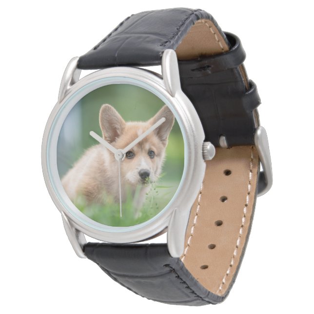 Niedliche Kleintiere | Corgi Welpe im Garten Armbanduhr (Schrägansicht)