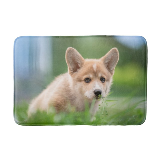 Niedliche Kleintiere | Corgi Welpe im Garten Badematte (Vorderseite)