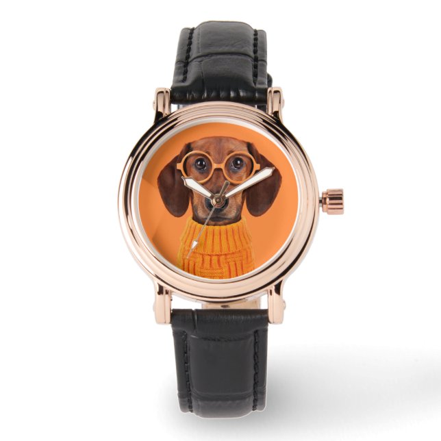 Niedliche Kleintiere | Dackel Orange Sweater Armbanduhr (Vorderseite)