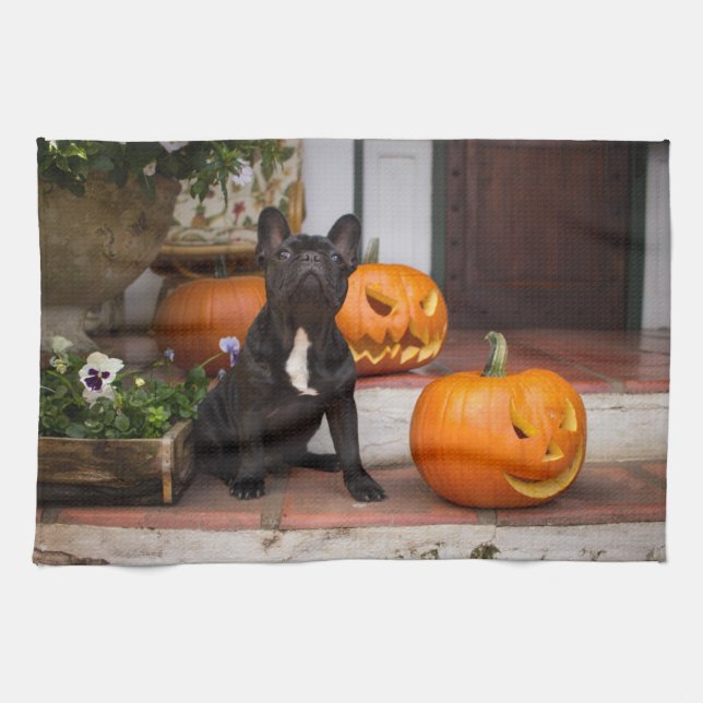 Niedliche Kleintiere | French Bulldog Halloween Geschirrtuch (Horizontal)