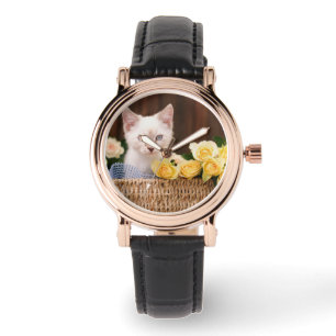 Niedliche Kleintiere   Kätzchen und Gelbe Rosen Armbanduhr