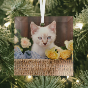 Niedliche Kleintiere Kätzchen und Gelbe Rosen Ornament Aus Glas