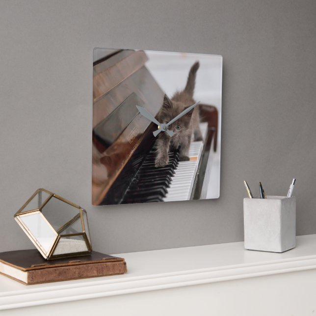 Niedliche Kleintiere | Kitten auf Piano Quadratische Wanduhr (Büro)
