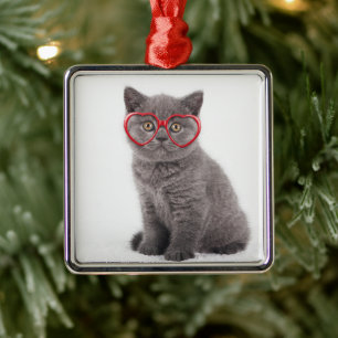 Niedliche Kleintiere   Kitten Heart Glasses Ornament Aus Metall