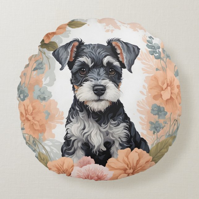 Niedliche Kleintiere - Miniature Schnauzer Rundes Kissen (Vorderseite)