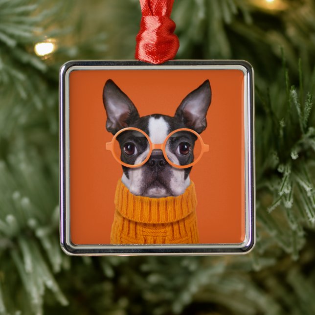 Niedliche Kleintiere | Orange Boston Terrier Ornament Aus Metall (Baum)