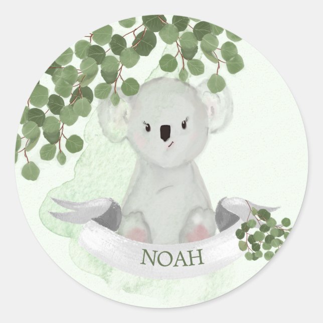 Niedliche Koala Baby Animal Green Blätter Border Runder Aufkleber (Vorderseite)