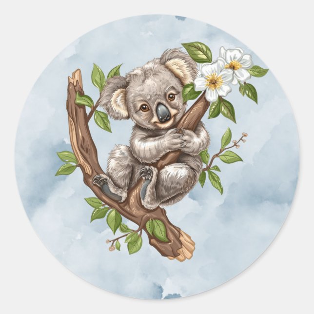 Niedliche Koala Bear Blue Watercolor Babydusche Runder Aufkleber (Vorderseite)