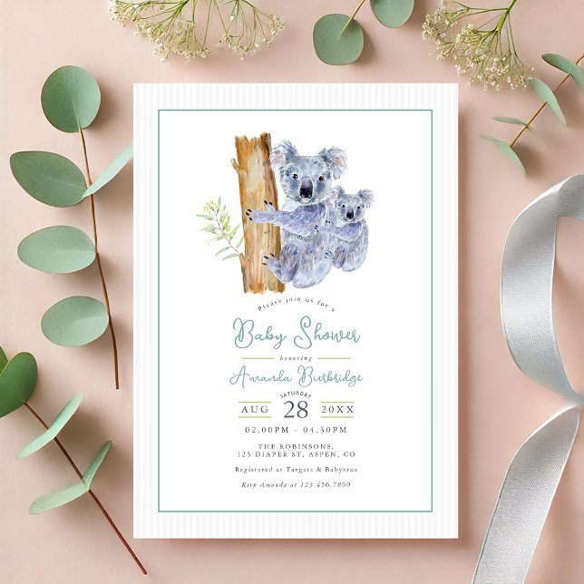 Niedliche Koala Bear Eucalyptus Verlasse Baby Shoo Einladung (Cute Koala Bear Eucalyptus Leaves Baby Shower Invitation)