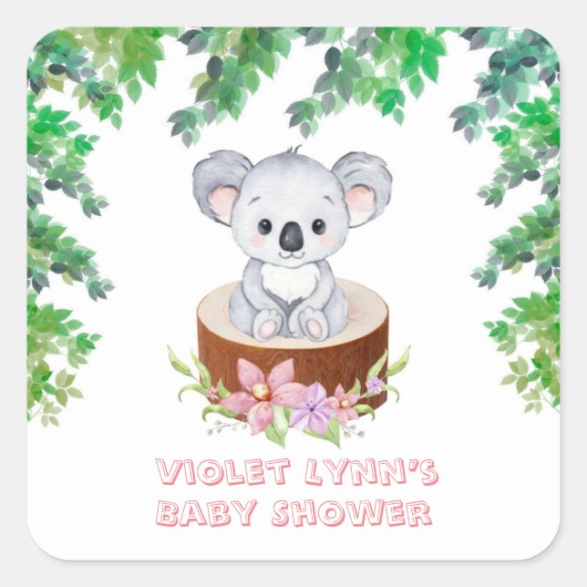Niedliche Koala Bear Girl Babydusche Quadratischer Aufkleber (Vorderseite)