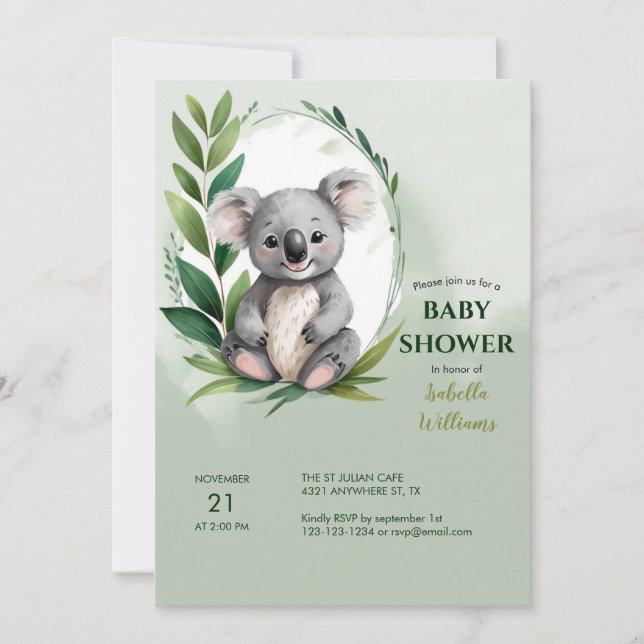 Niedliche Koala Bear Watercolor Green Baby Dusche Einladung (Vorderseite)