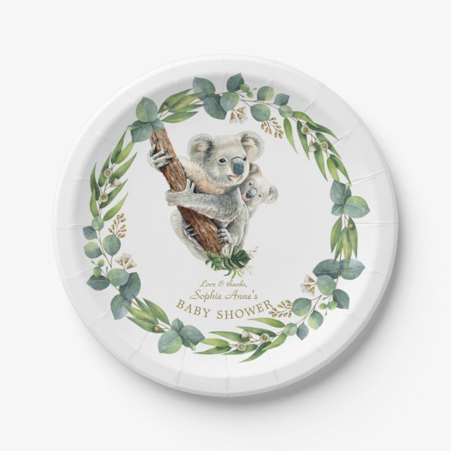 Niedliche Koala Eucalyptus Wreath Girl Baby Dusche Pappteller (Vorderseite)
