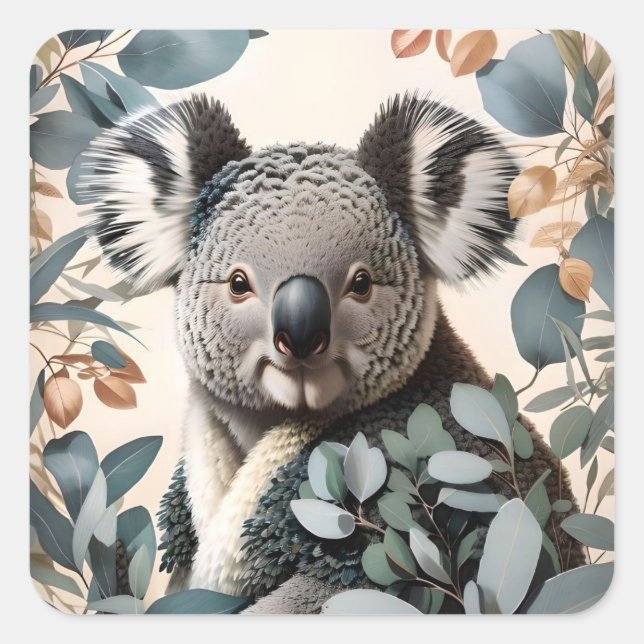 Niedliche Koala-Eukalyptus-Blätter Quadratischer Aufkleber (Vorderseite)