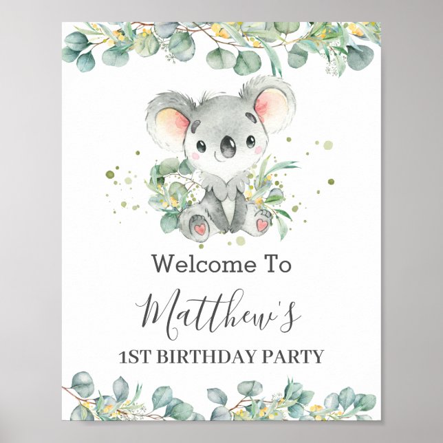 Niedliche Koala Greenery Baby Dusche Geburtstag Wi Poster (Vorne)