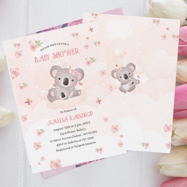 Niedliche Koala Rosa Blume Babydusche Wasserfarbe Einladung (Von Creator hochgeladen)