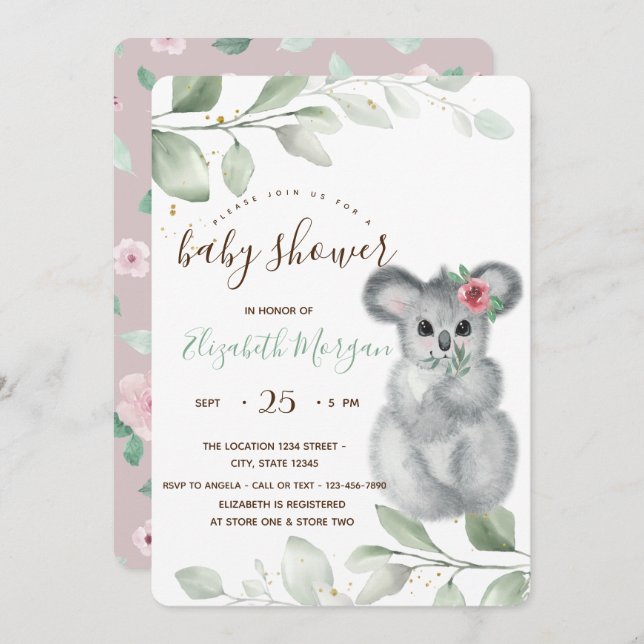 Niedliche Koala Rose Kinderdusche Einladung (Vorne/Hinten)