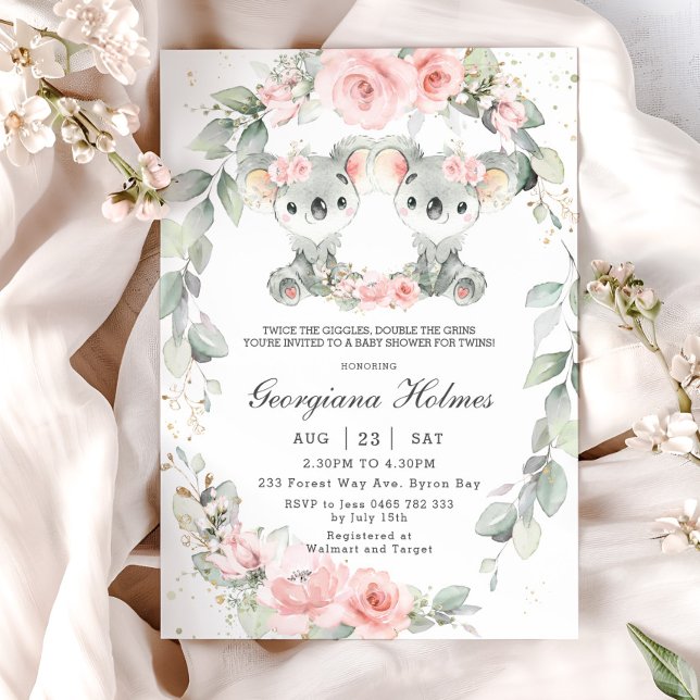Niedliche Koalas Pink Floral Twin Girls Baby Dusch Einladung (twins girls koala bears blush pink floral sage greenery wreath baby shower invitation cards digital)