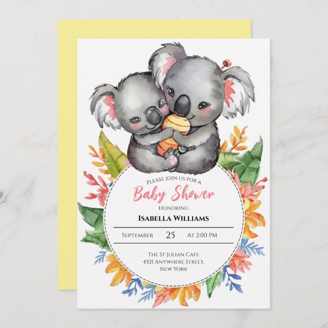 Niedliche Koalas Wildblume Kinderdusche Einladung (Vorne/Hinten)