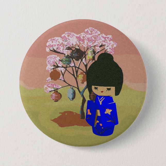 Niedliche kokeshi Puppe mit Kirschblütenbaum Button (Vorderseite)